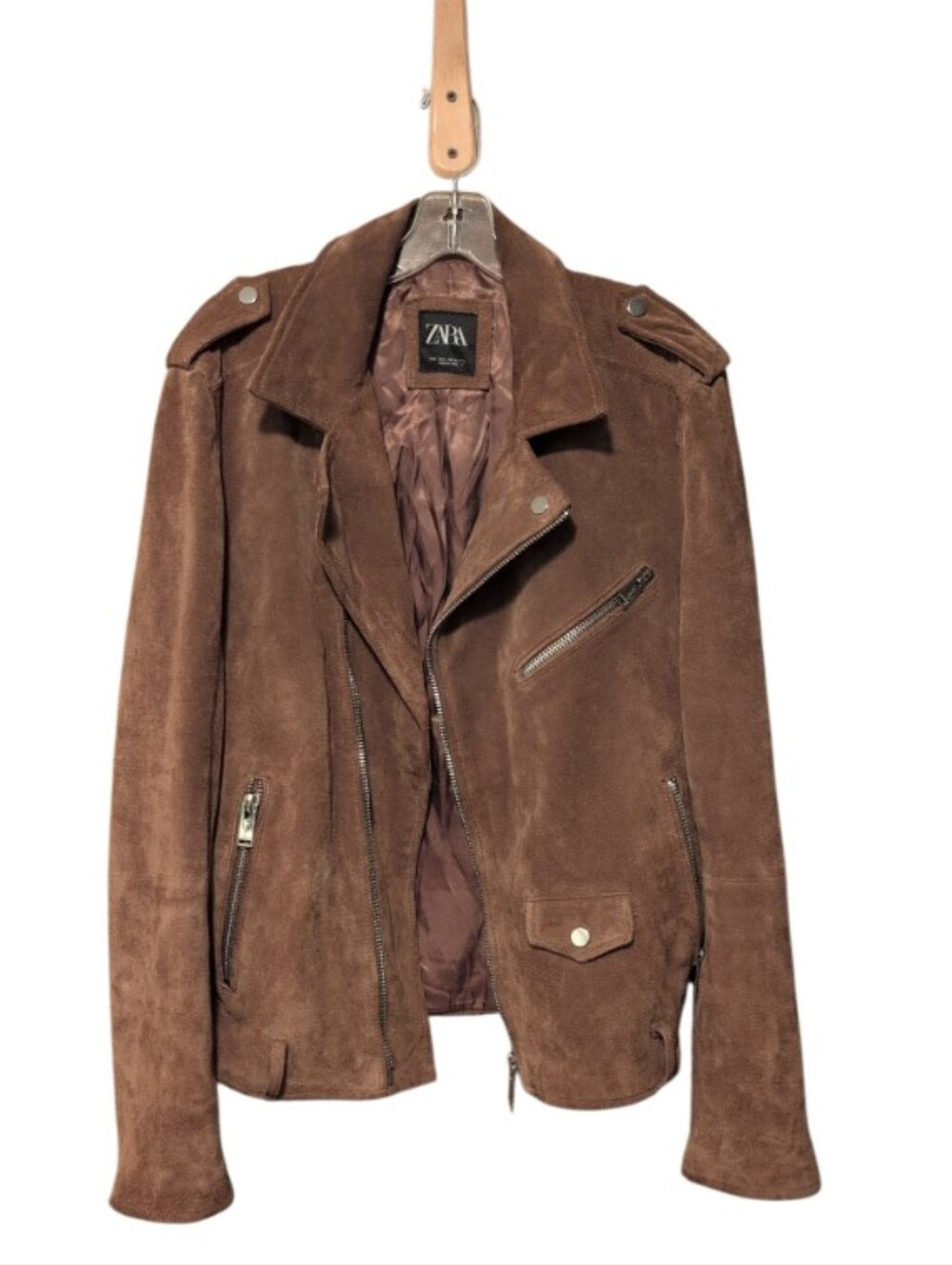 Zara Brown Suede Bomber-Style Moto Jacket Size L Silver Hardware